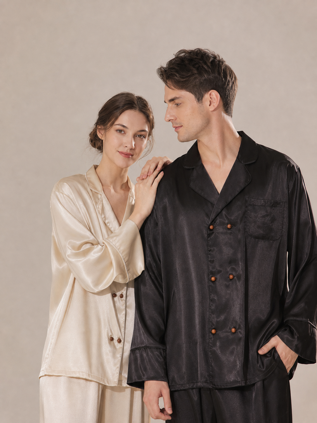 Champagne & Black Satin Couple Pajama Set – Personalized Embroidery