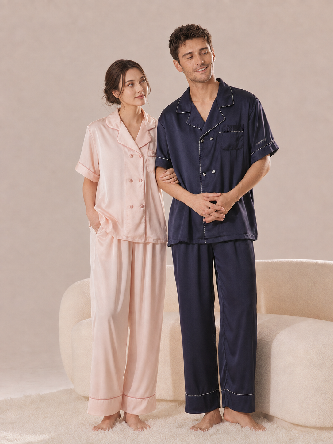 His & Hers Short Satin Pajama Set – Personalized Embroidery