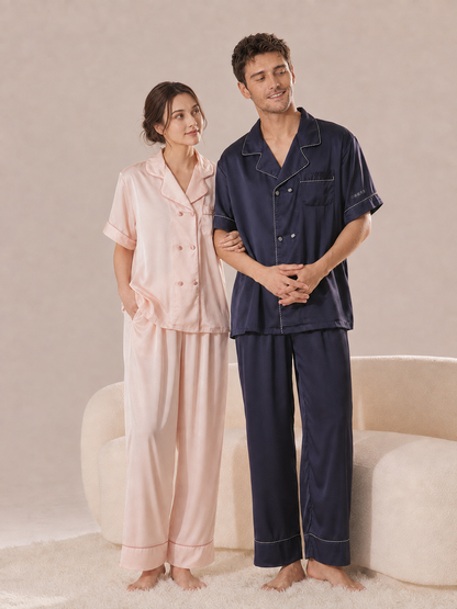 His & Hers Short Satin Pajama Set – Personalized Embroidery