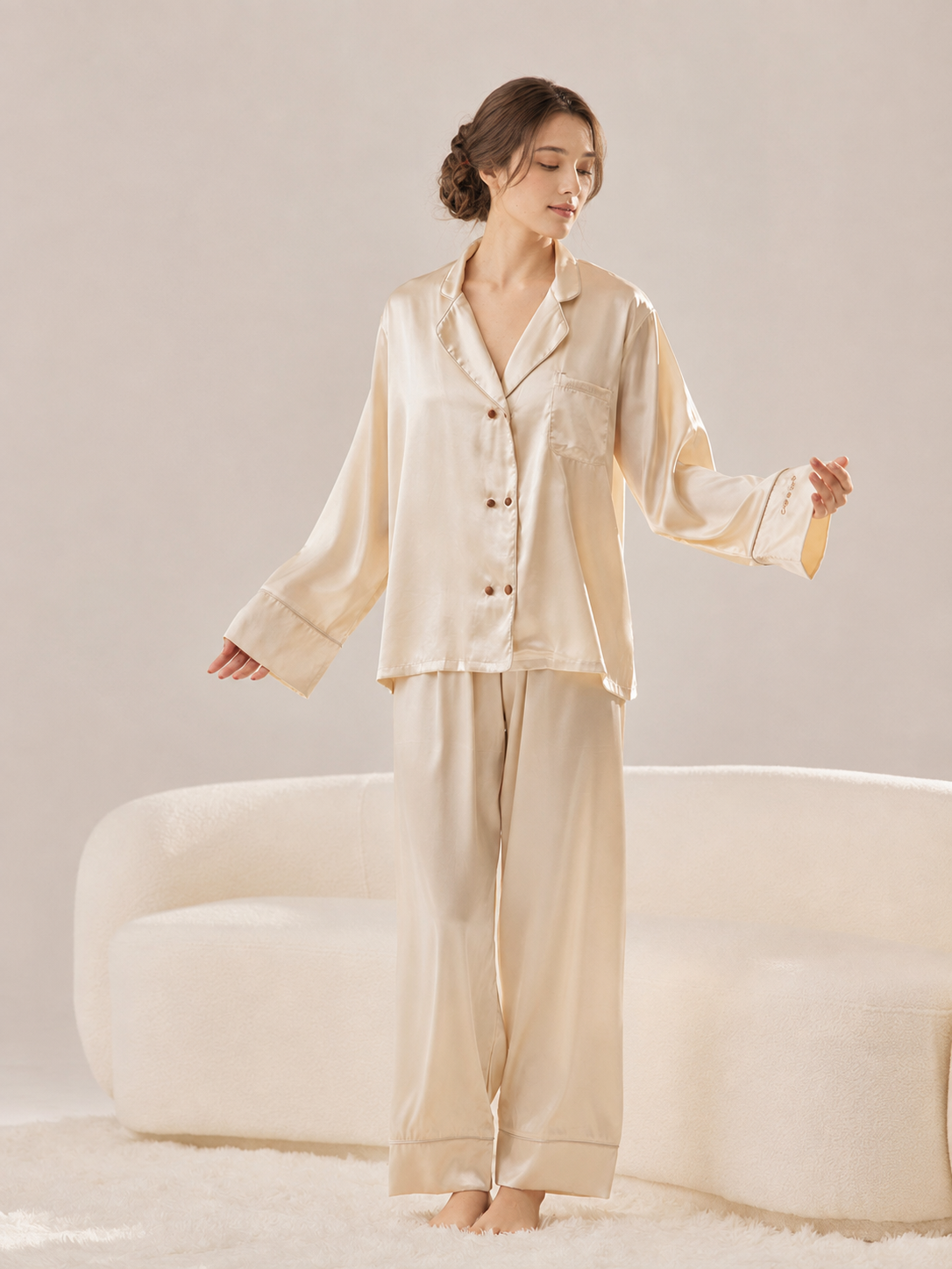 Champagne Satin Pajama Set – Personalized Embroidery