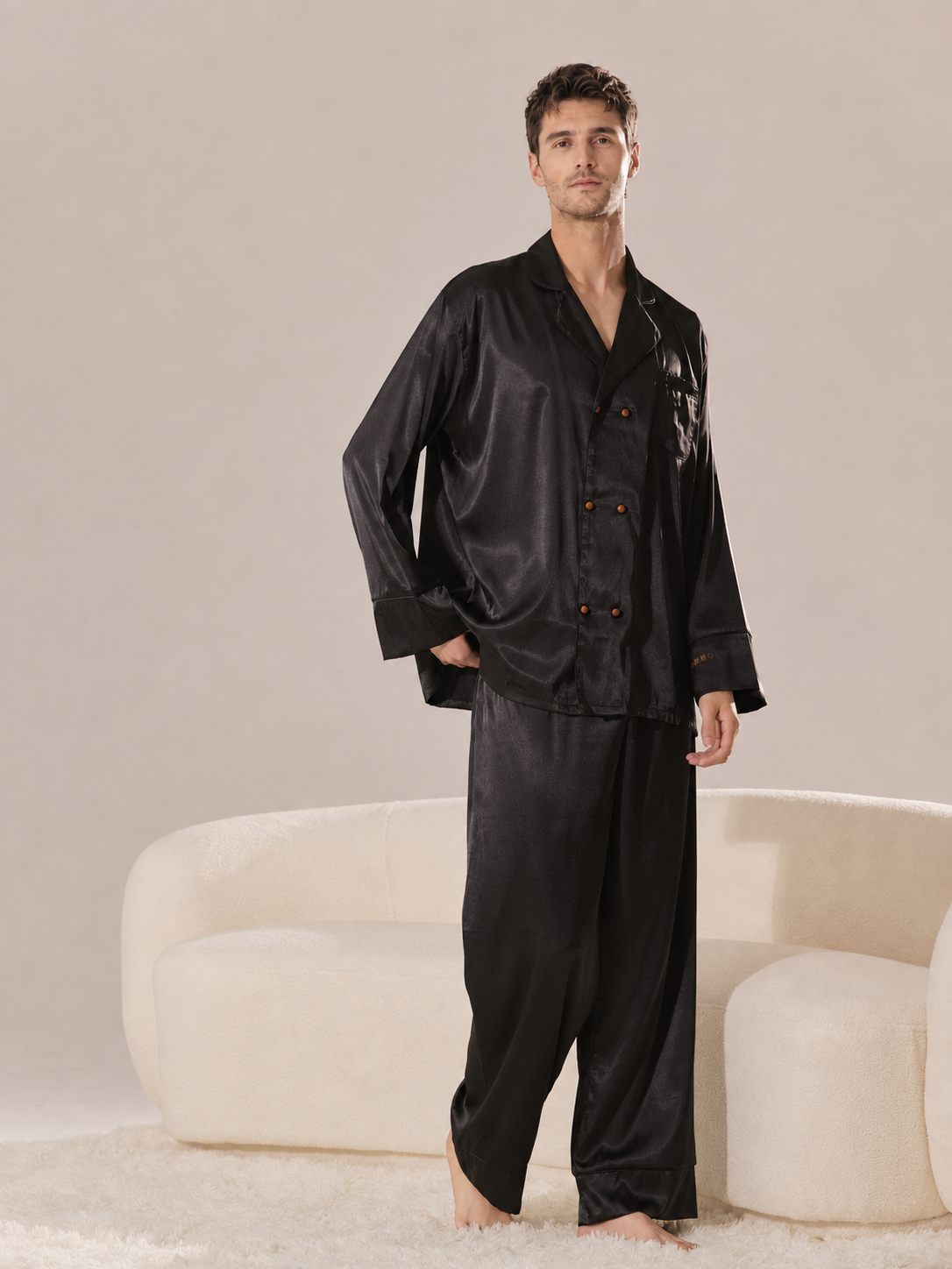 Men’s Black Satin Pajama Set – Personalized Embroidery