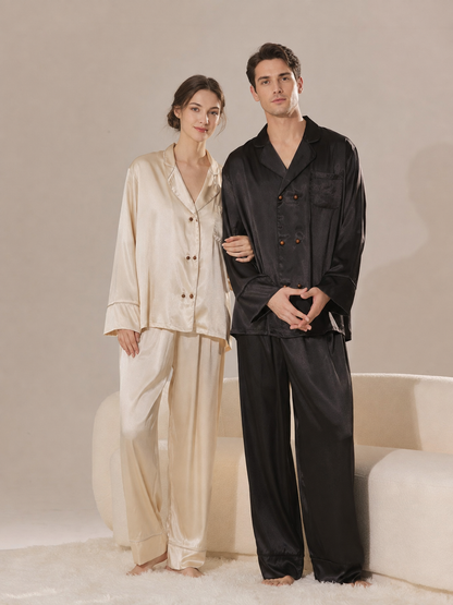 Champagne & Black Satin Couple Pajama Set – Personalized Embroidery