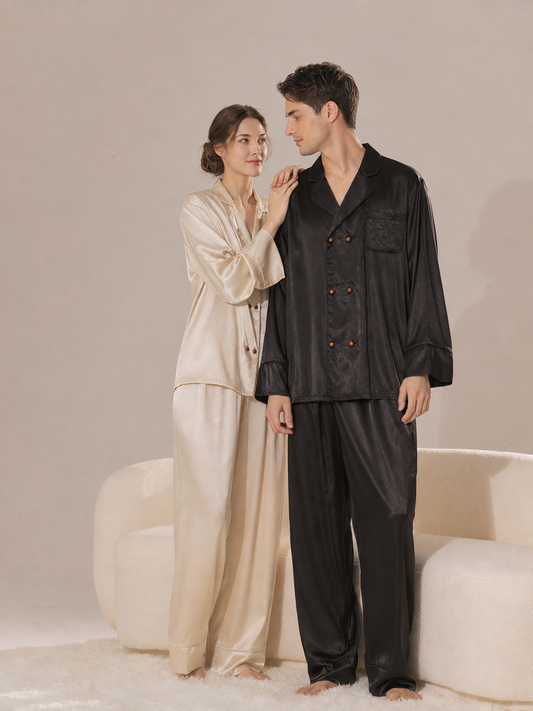 Champagne & Black Satin Couple Pajama Set – Personalized Embroidery
