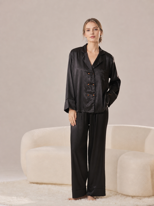 Women’s Black Satin Pajama Set – Personalized Embroidery