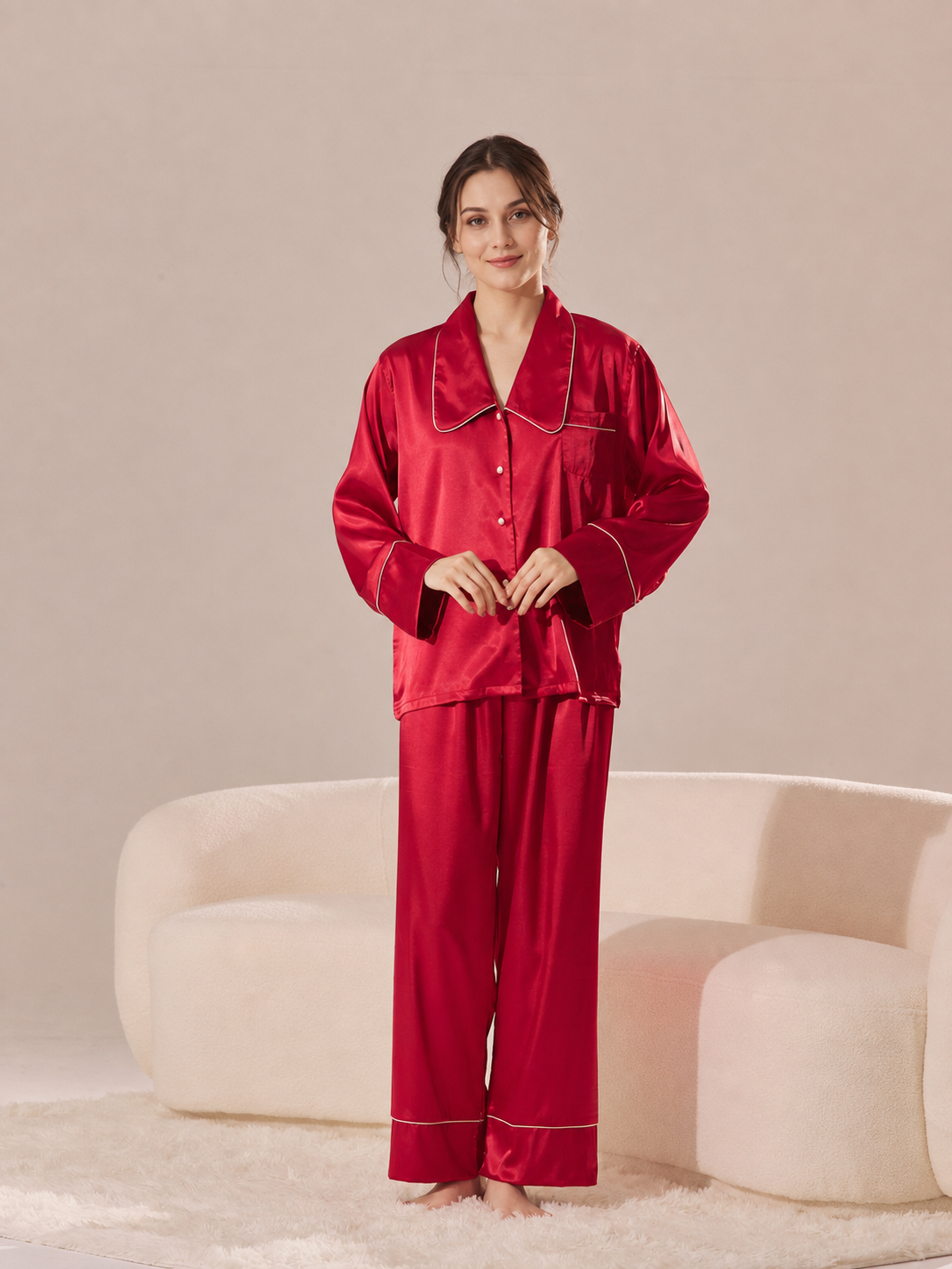 Newlywed Red Satin Couple Pajama Set – Personalized Embroidery