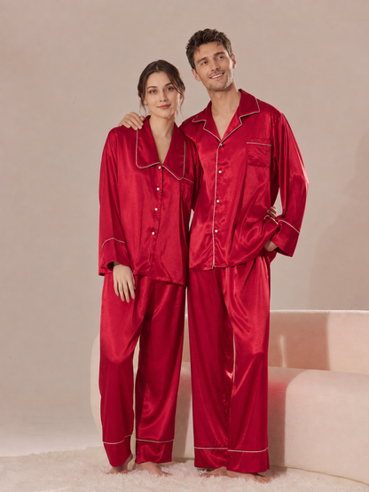 Newlywed Red Satin Couple Pajama Set – Personalized Embroidery