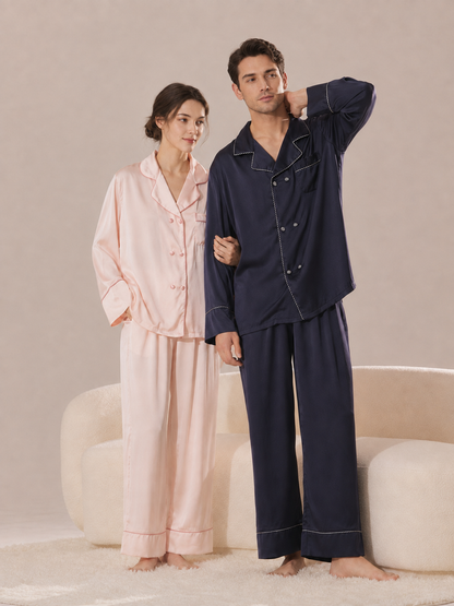 His & Hers Long Satin Pajama Set – Personalized Embroidery