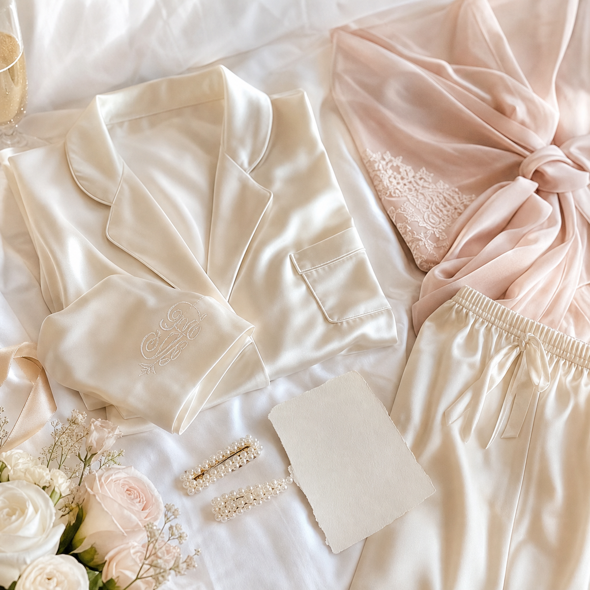 Falinlove bridal satin pajama flatlay and gift details